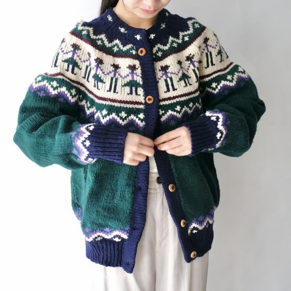 Vintage*RARE* Folk Art Paris Sports Club Handmade Lambswool Cardigan S